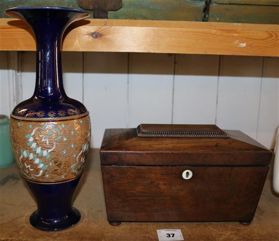 Victorian rosewood tea caddy & Royal Doulton vase